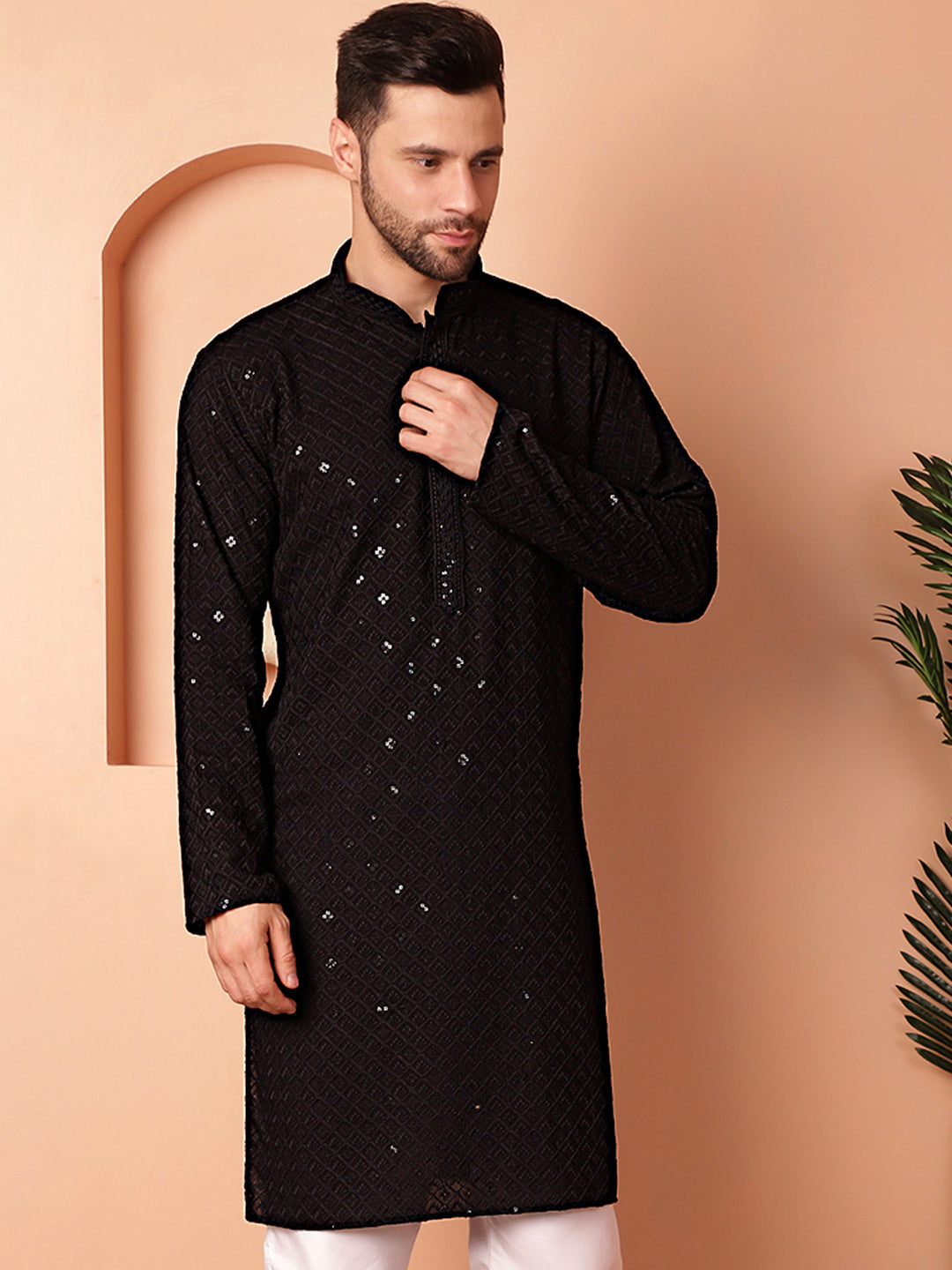 Men's Black Embroidered and Sequence Kurtas - Taantav