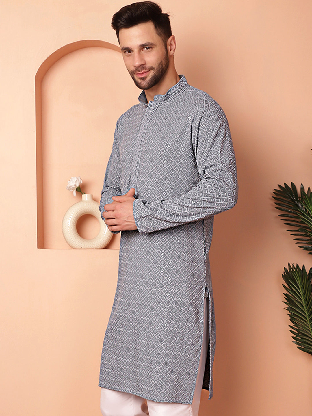 Men's Grey Embroidered and Sequence Kurtas - Taantav