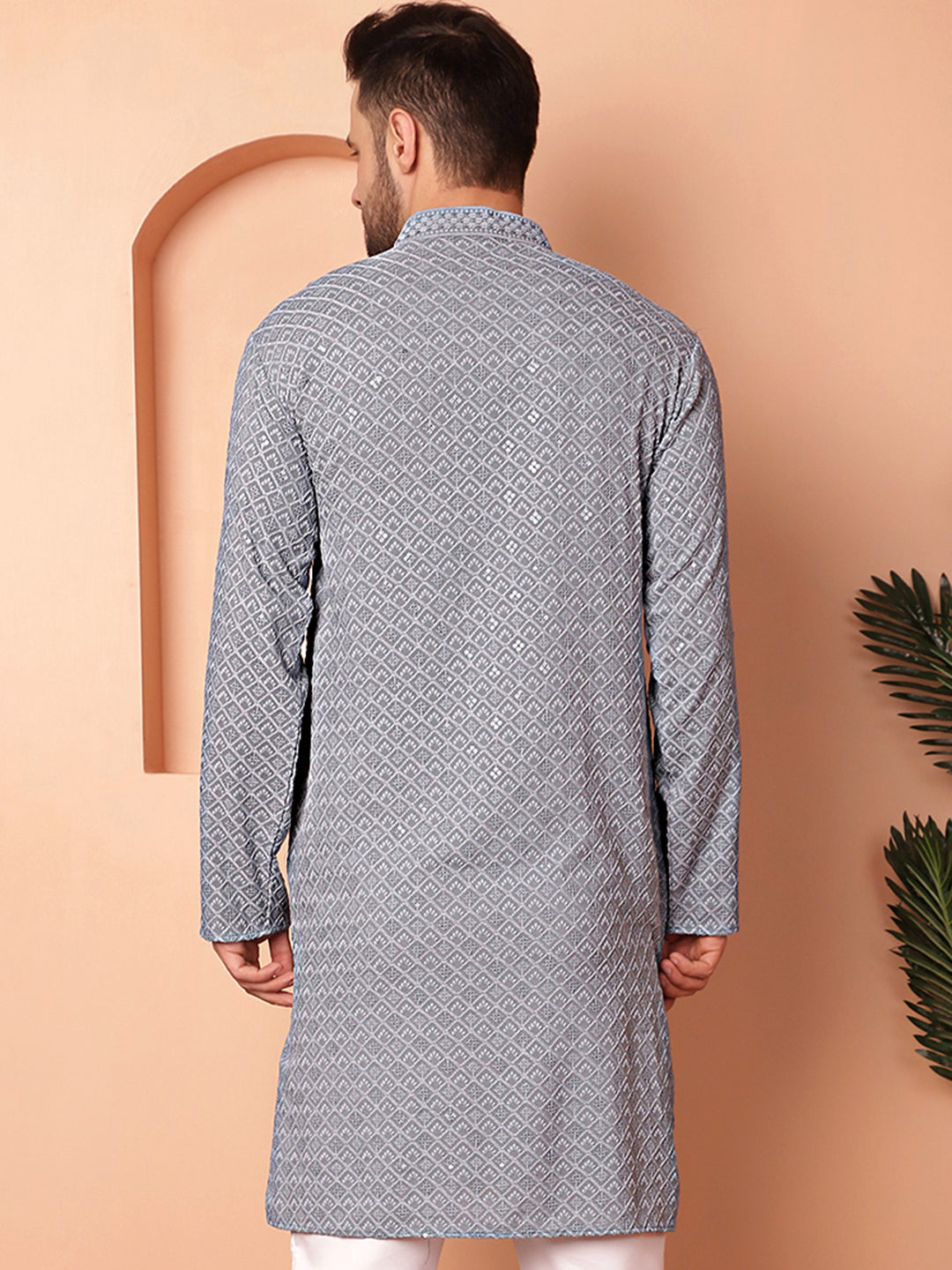 Men's Grey Embroidered and Sequence Kurtas - Taantav