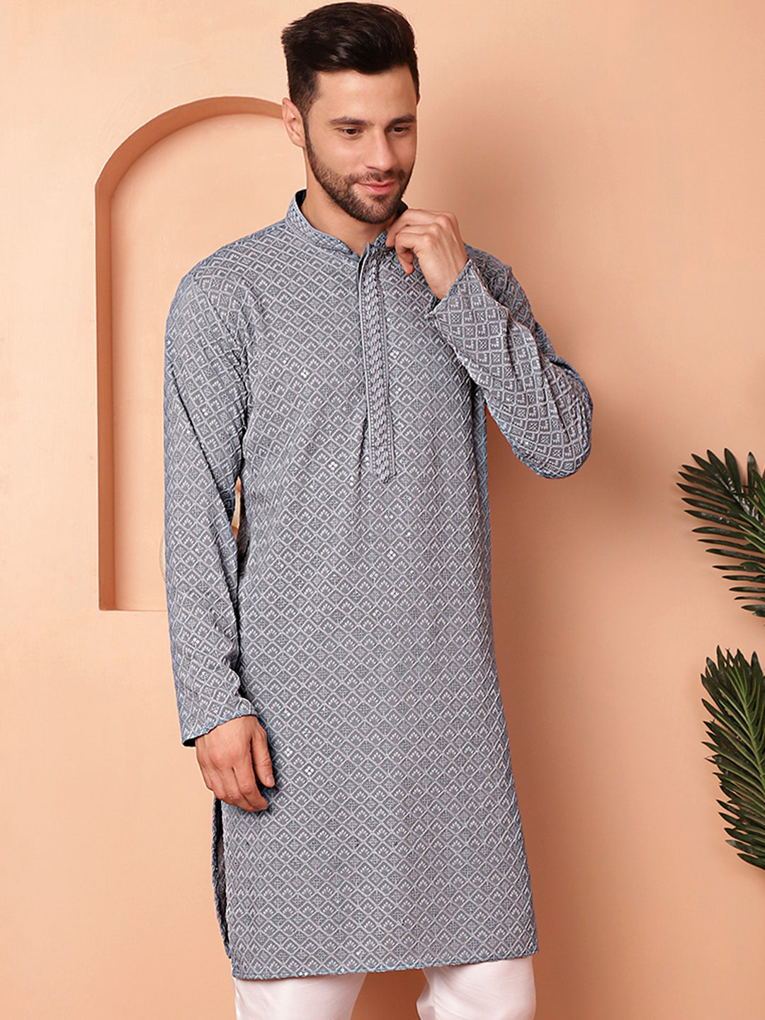 Men's Grey Embroidered and Sequence Kurtas - Taantav