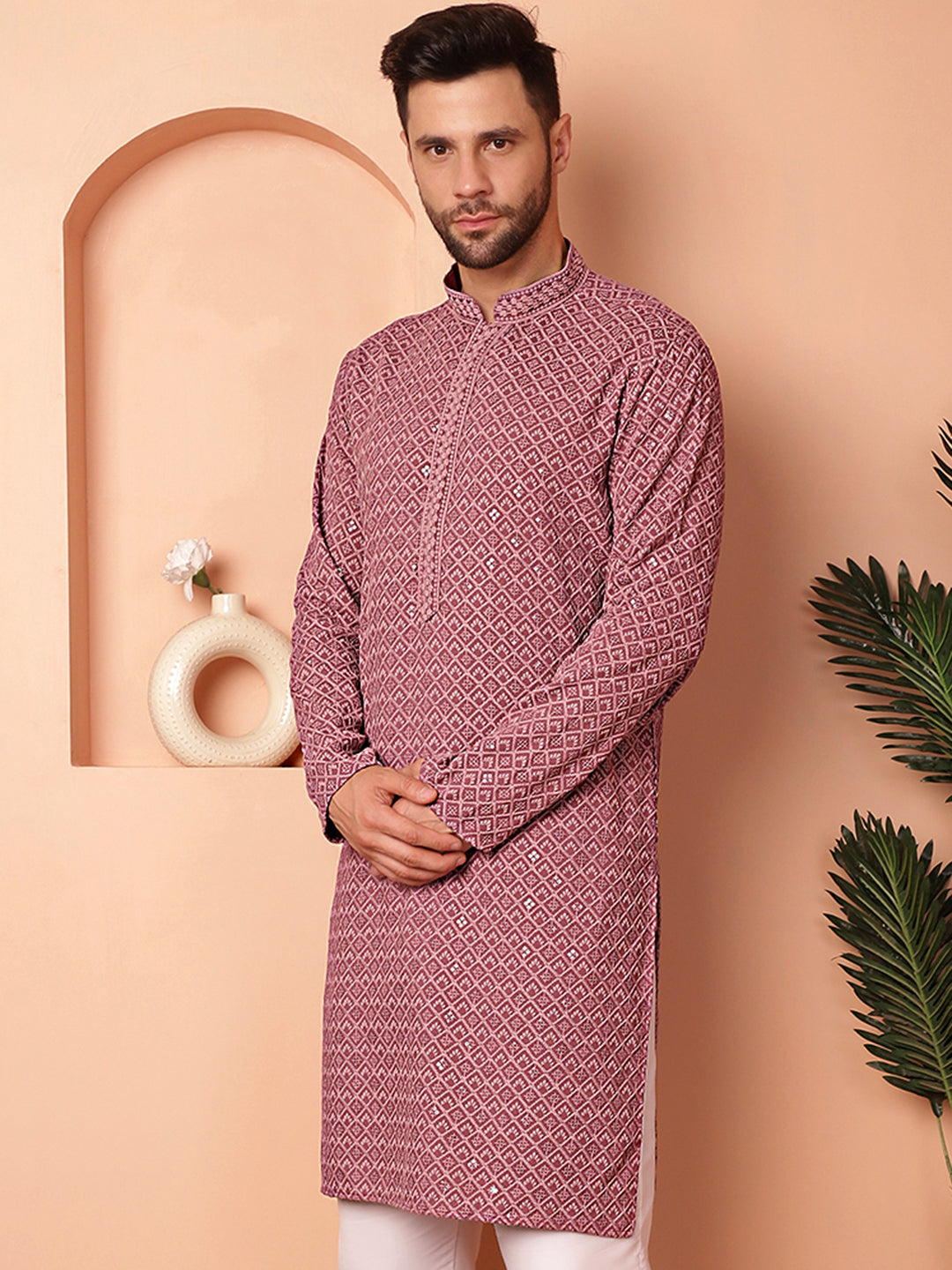 Men's Magenta Embroidered and Sequence Kurtas - Taantav