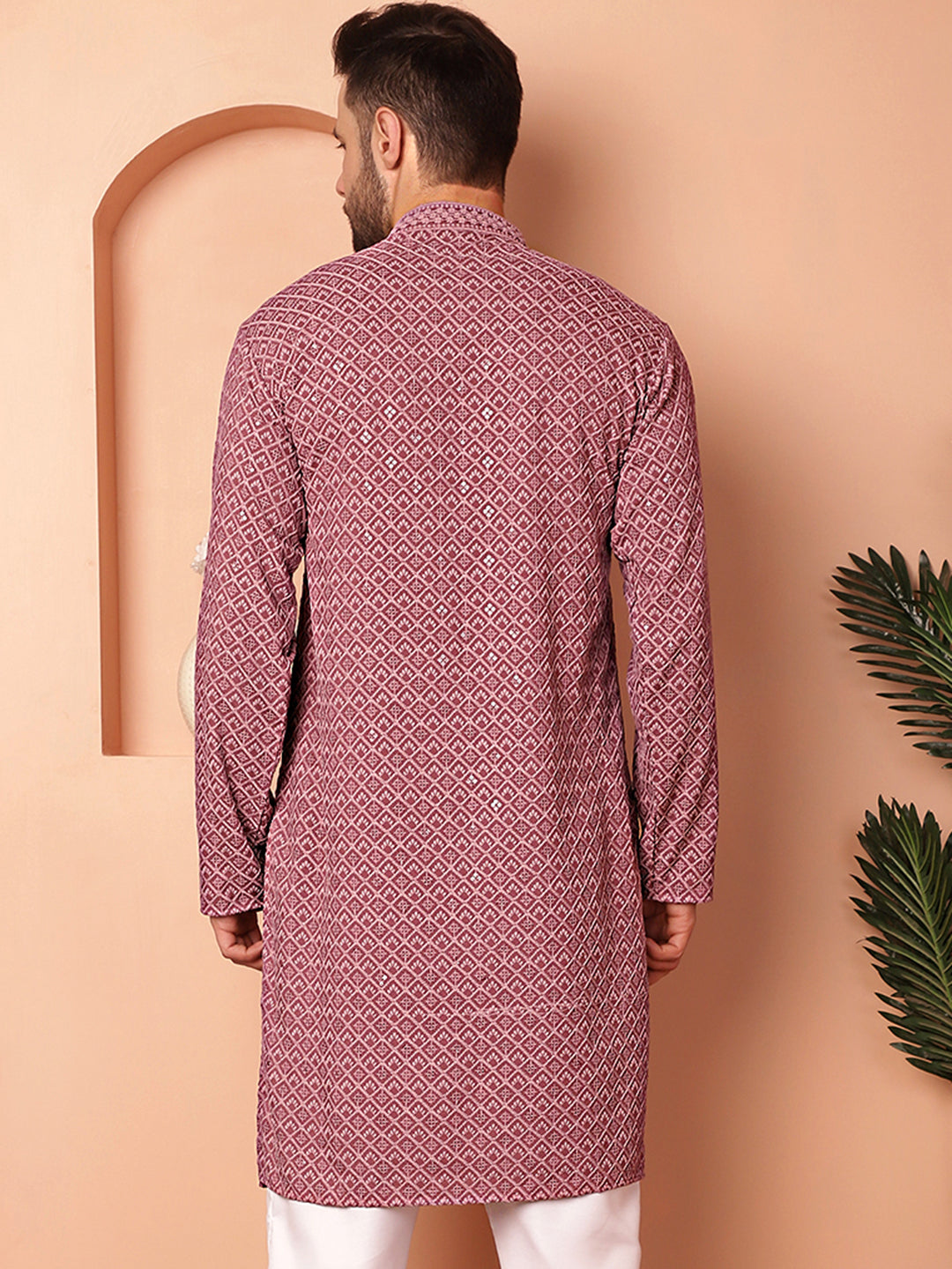 Men's Magenta Embroidered and Sequence Kurtas - Taantav