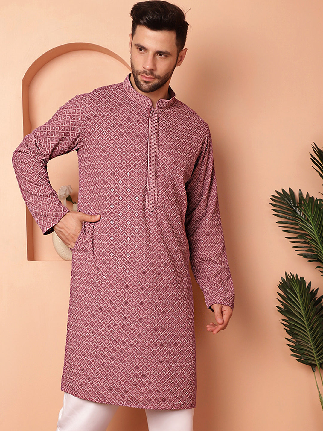 Men's Magenta Embroidered and Sequence Kurtas - Taantav