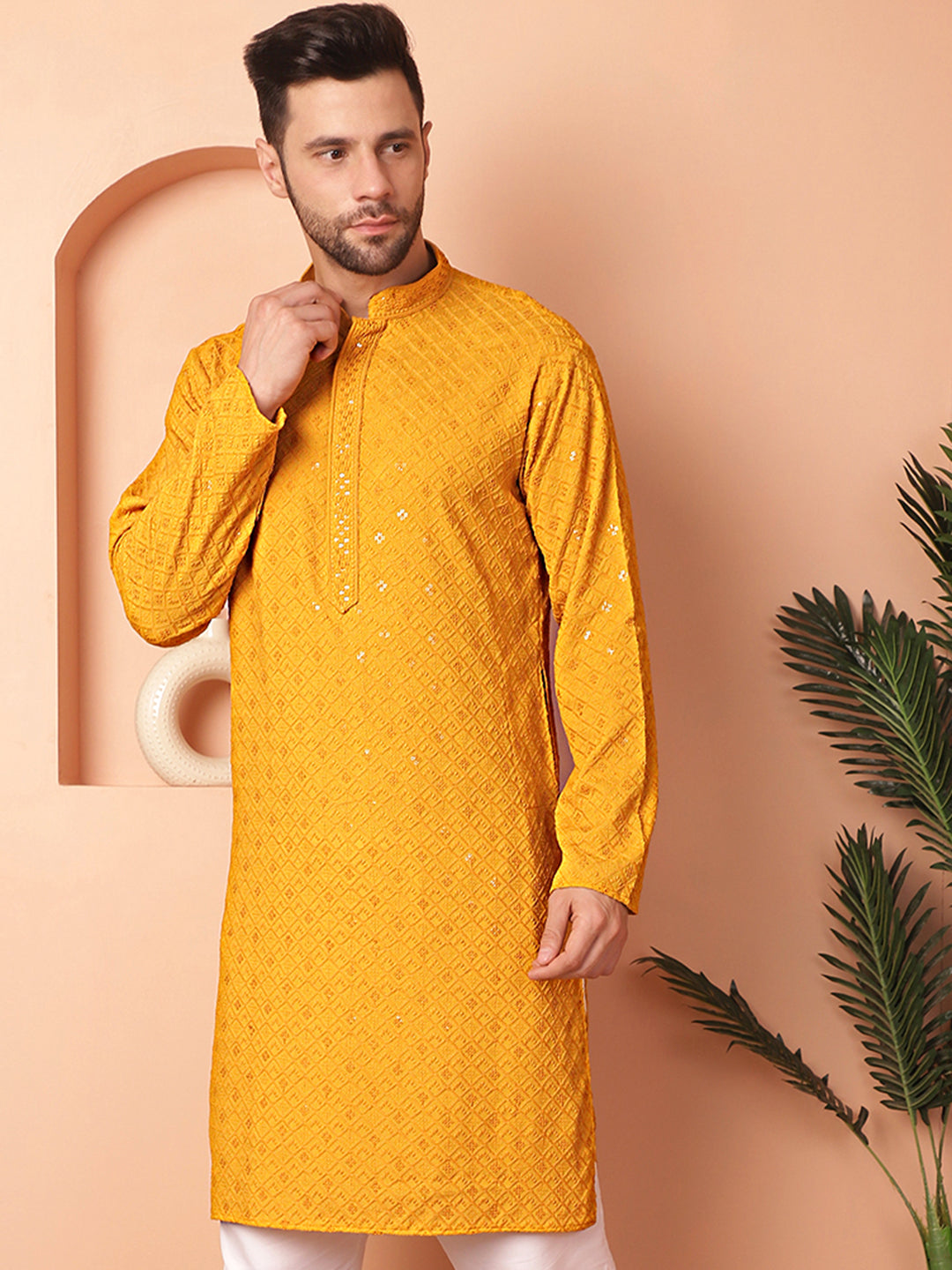 Men's Mustard Embroidered and Sequence Kurtas - Taantav