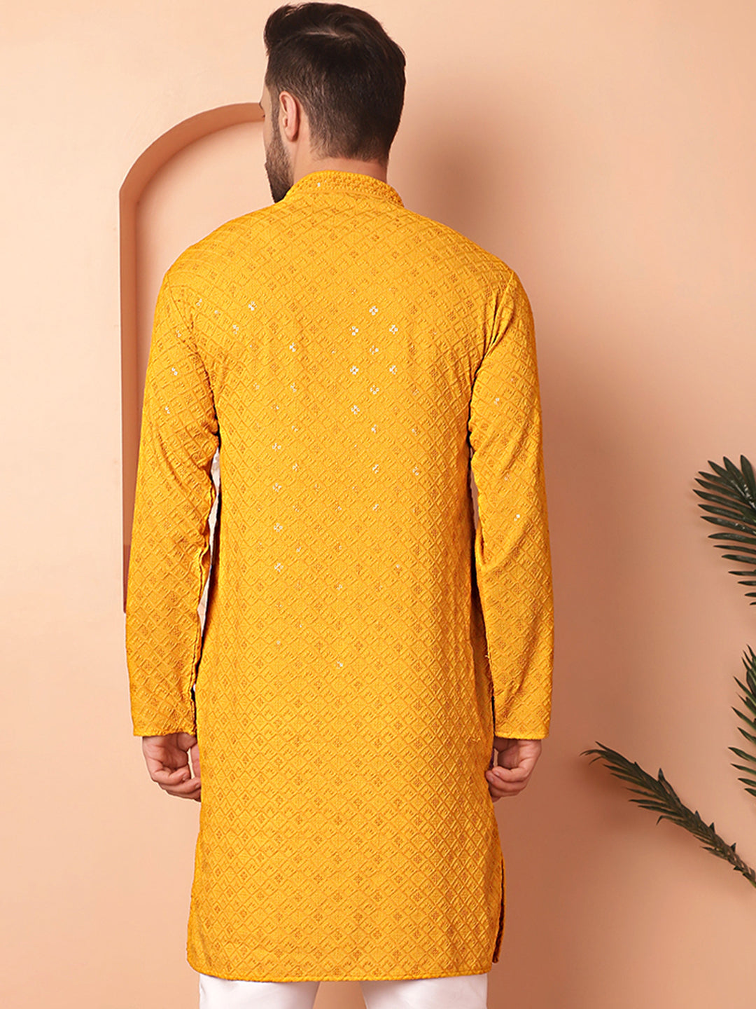 Men's Mustard Embroidered and Sequence Kurtas - Taantav