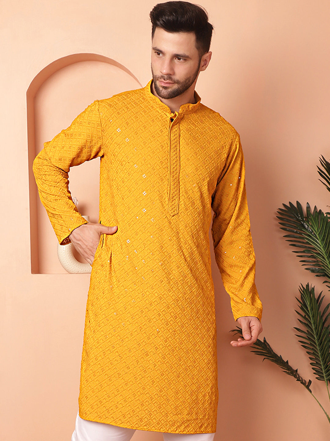 Men's Mustard Embroidered and Sequence Kurtas - Taantav