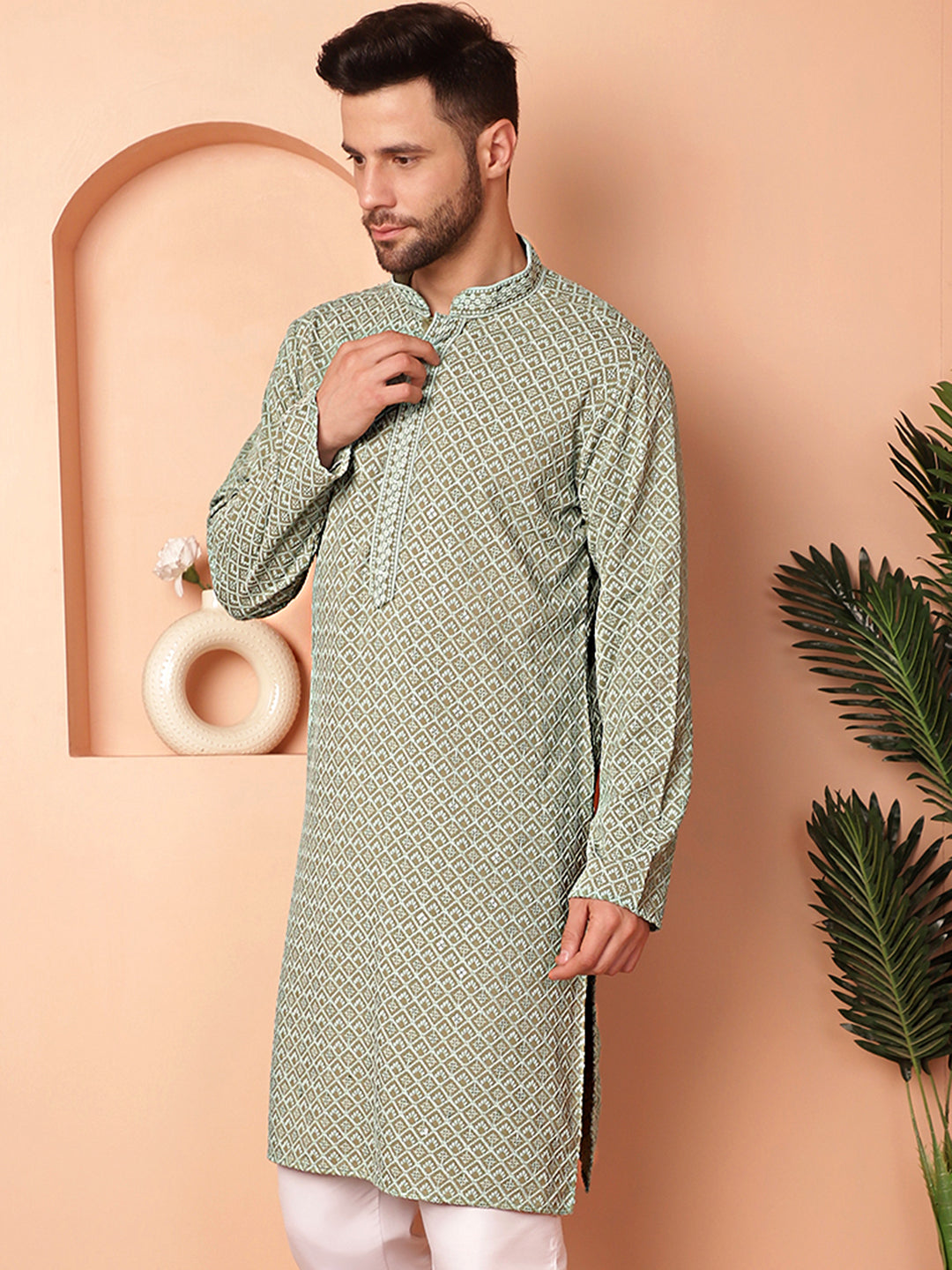 Men's Green Embroidered and Sequence Kurtas - Taantav