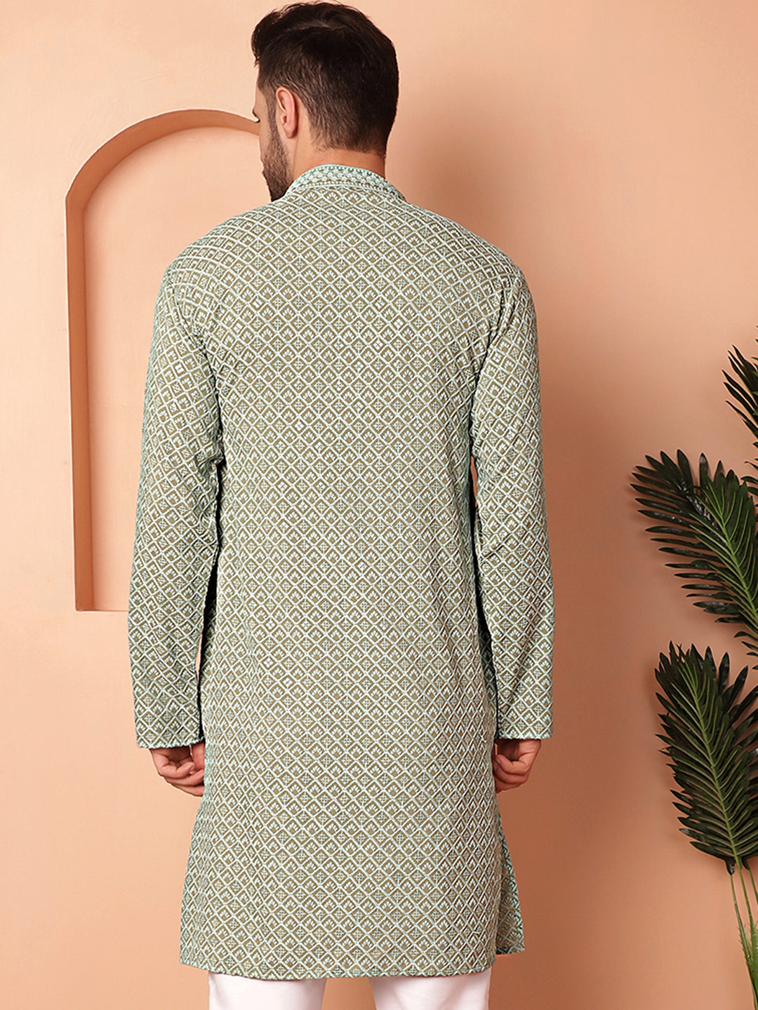 Men's Green Embroidered and Sequence Kurtas - Taantav