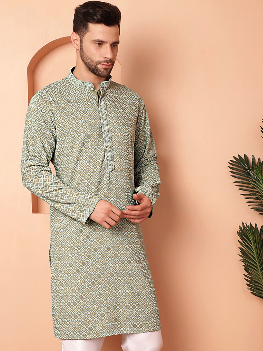 Men's Green Embroidered and Sequence Kurtas - Taantav