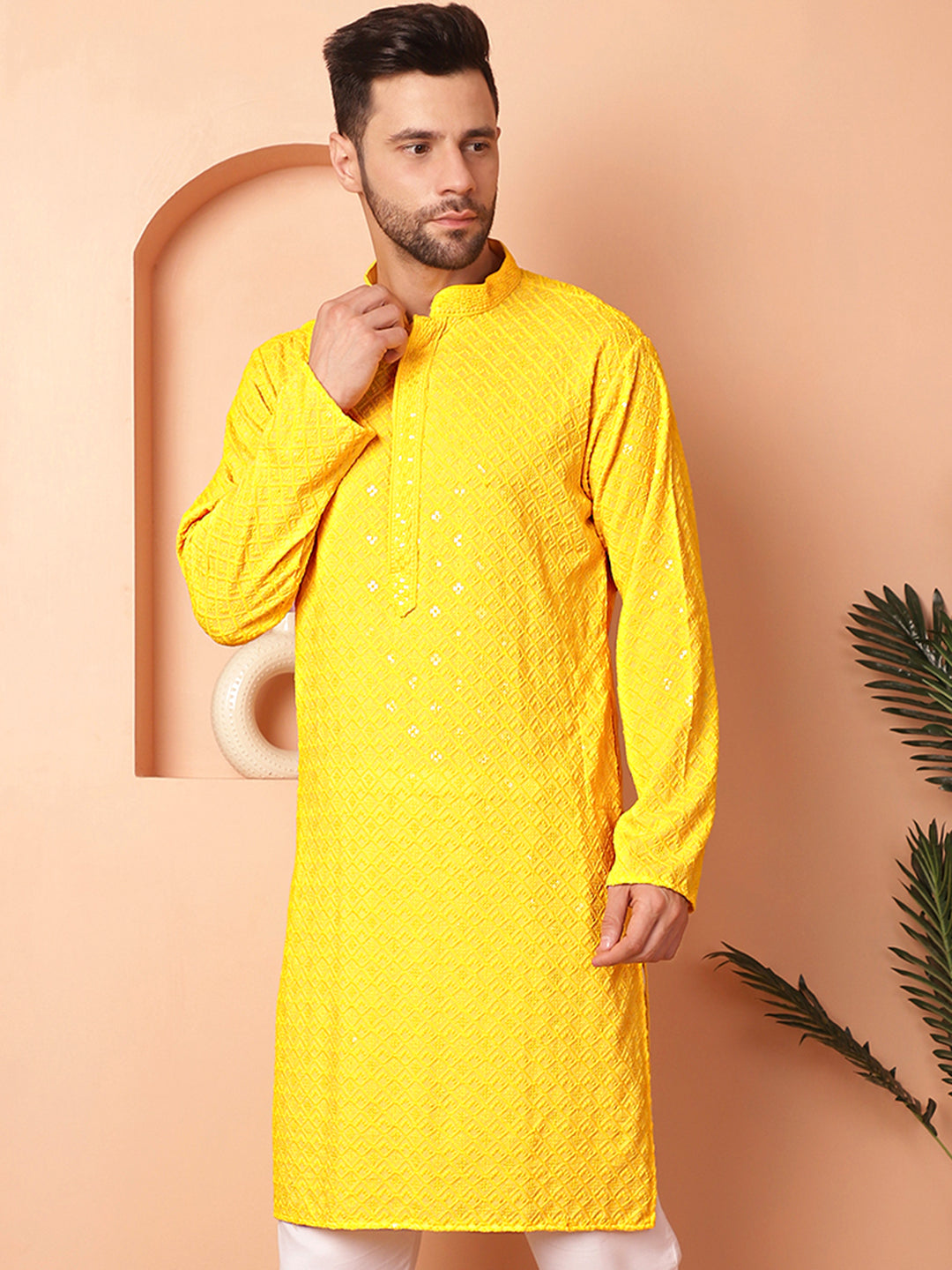 Men's Yellow Embroidered and Sequence Kurtas - Taantav