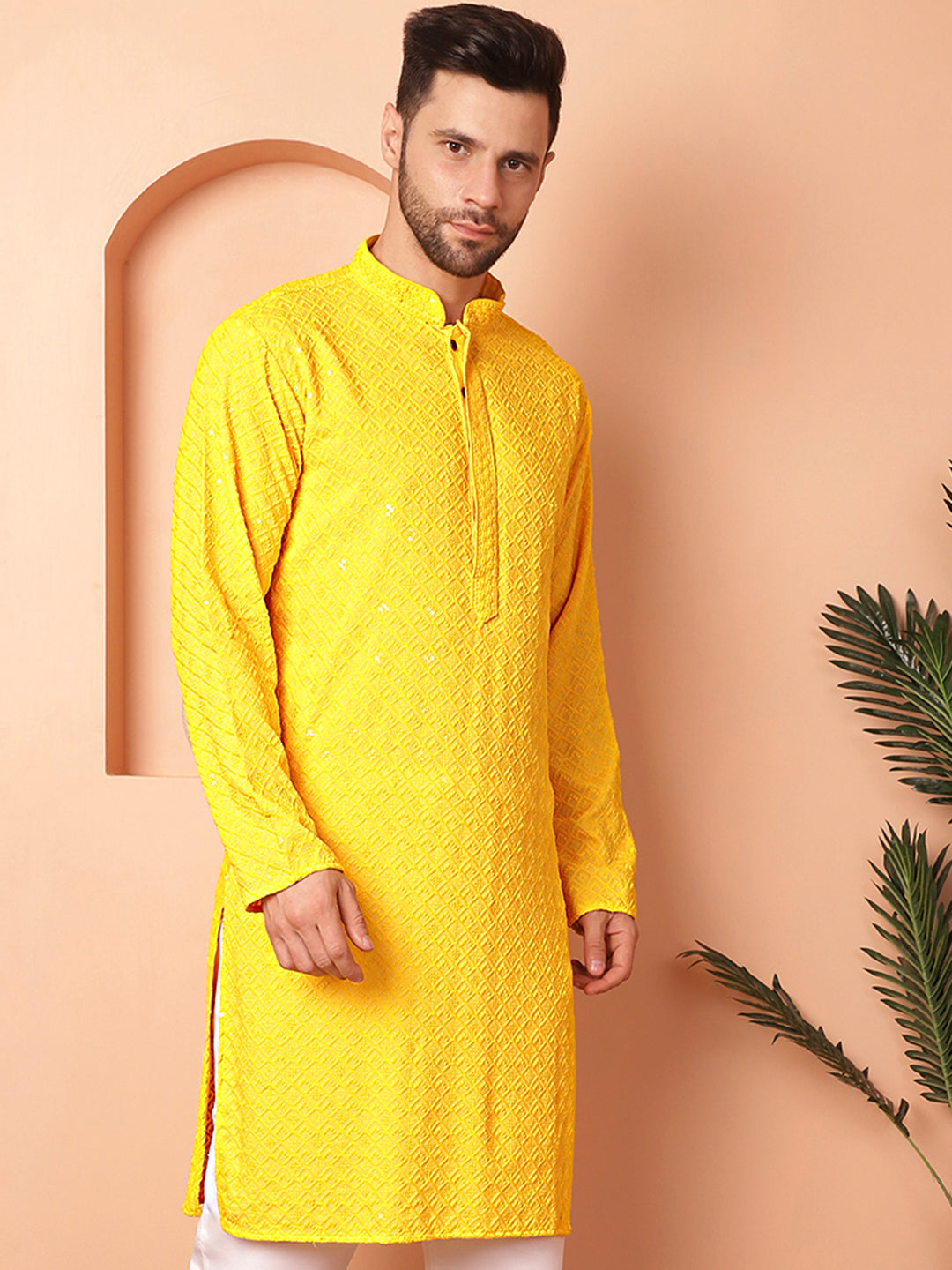 Men's Yellow Embroidered and Sequence Kurtas - Taantav