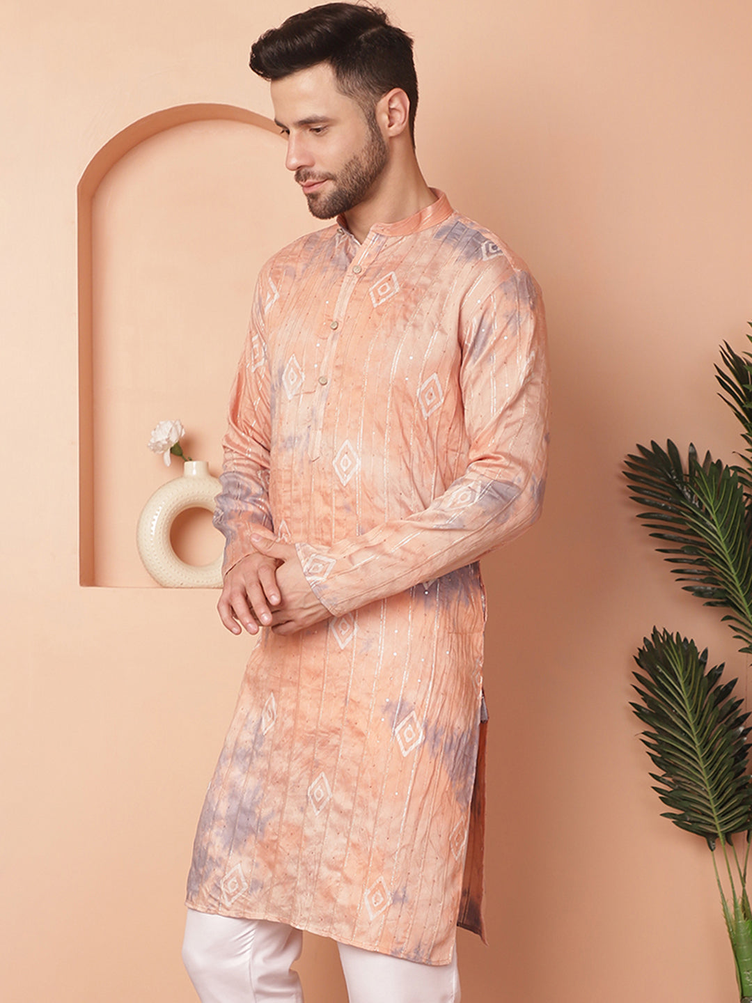 Men's Peach Tie-Dye Printed Kurtas - Taantav