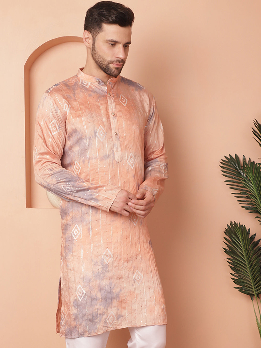 Men's Peach Tie-Dye Printed Kurtas - Taantav