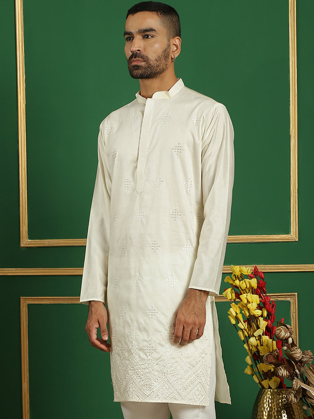 Men's Pista Green Embroidered and Sequence Kurtas - Taantav