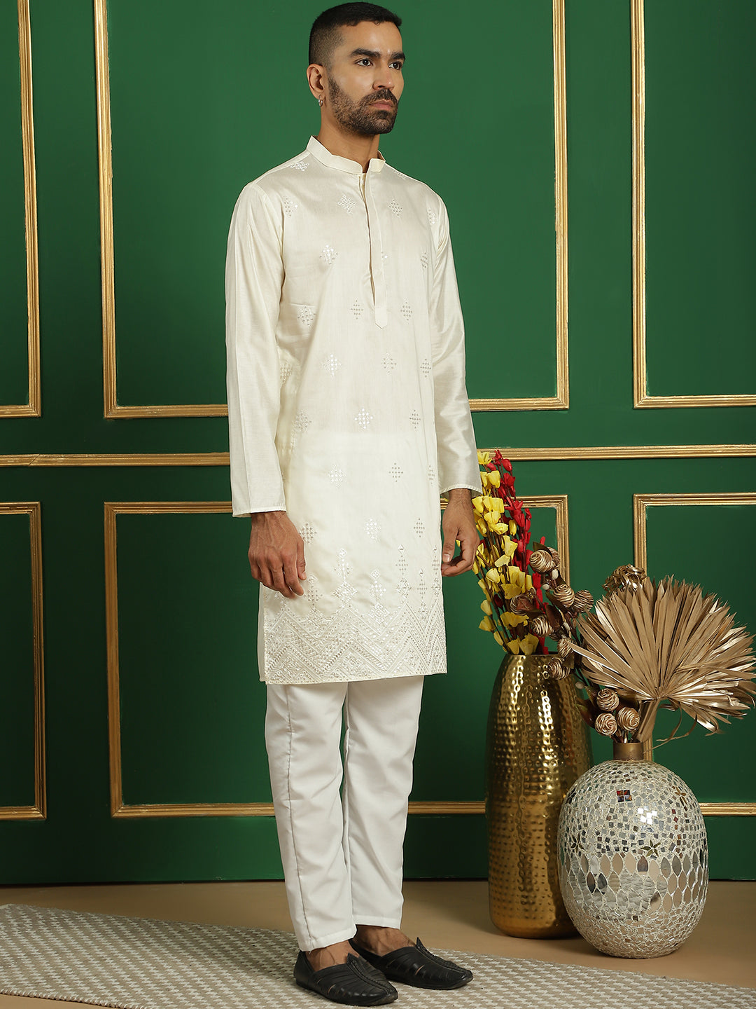 Men's Pista Green Embroidered and Sequence Kurtas - Taantav