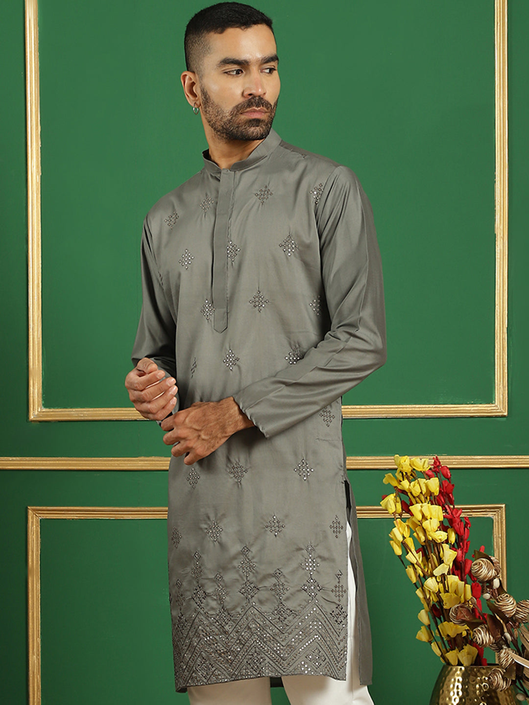 Men's Yellow Embroidered and Sequence Kurtas - Taantav