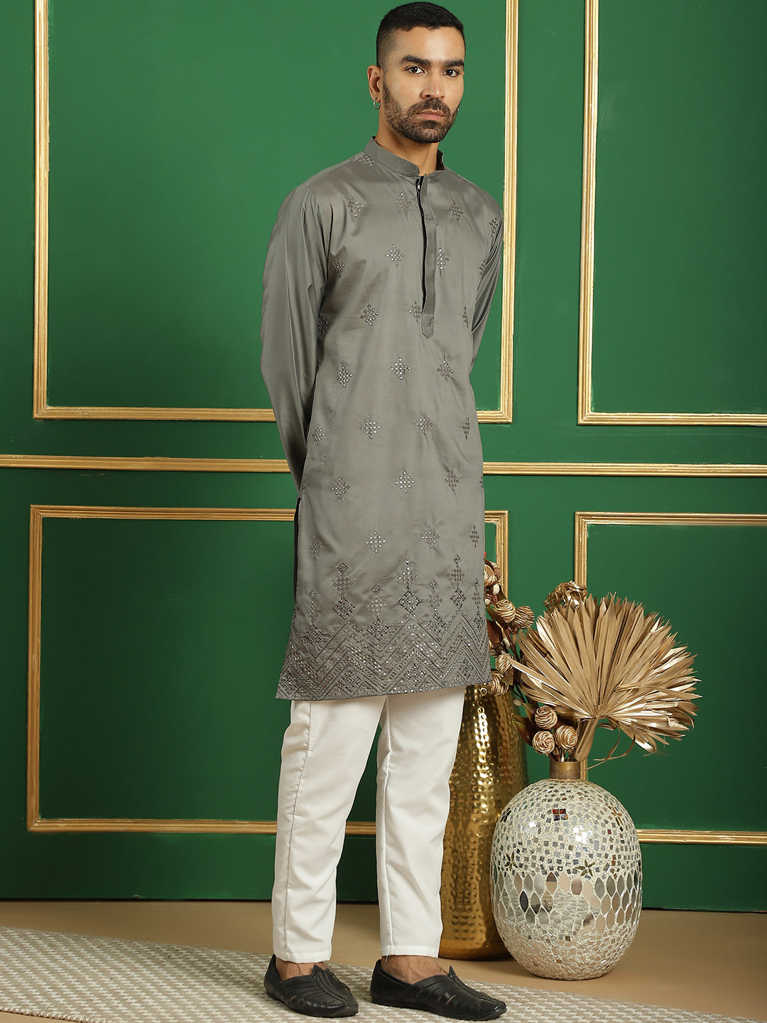 Men's Yellow Embroidered and Sequence Kurtas - Taantav