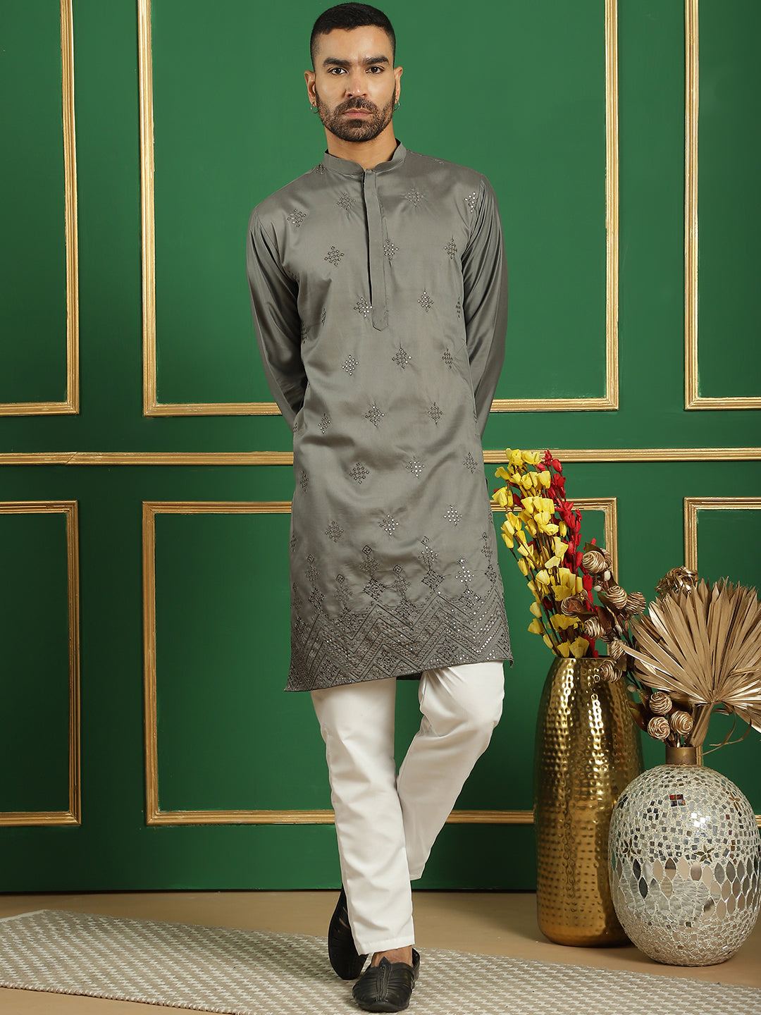 Men's Yellow Embroidered and Sequence Kurtas - Taantav