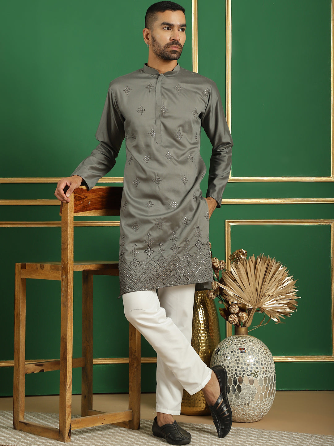 Men's Yellow Embroidered and Sequence Kurtas - Taantav