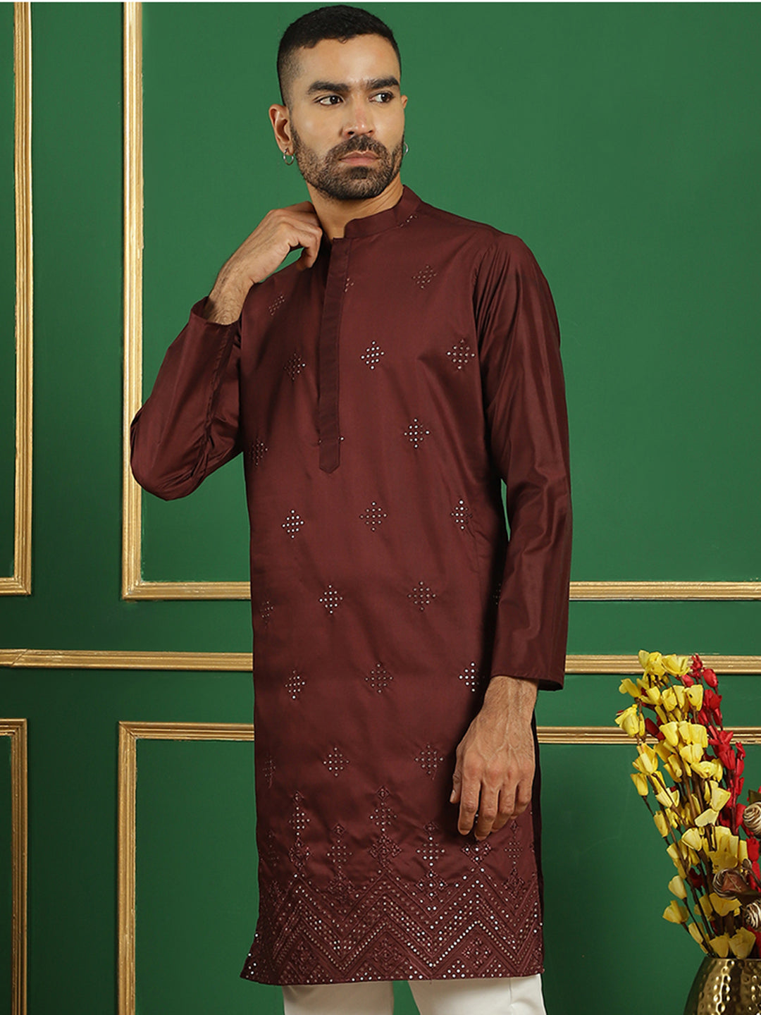 Men's Black Embroidered and Sequence Kurtas - Taantav