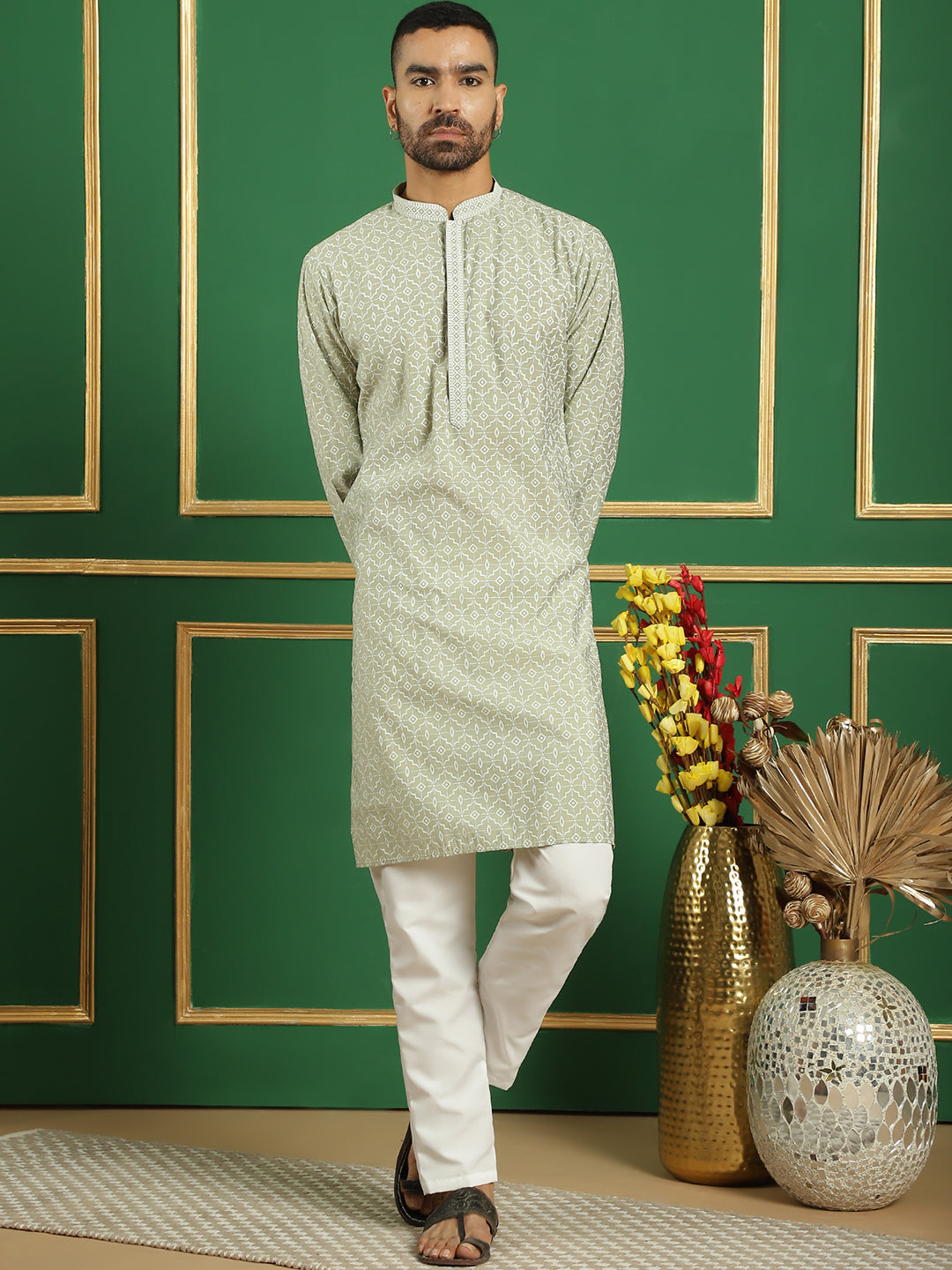 Men's Blue Embroidered and Sequence Kurtas - Taantav