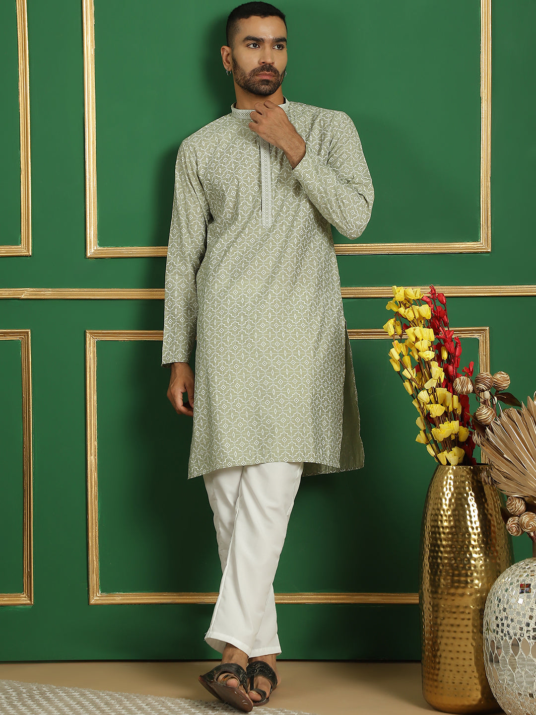 Men's Blue Embroidered and Sequence Kurtas - Taantav