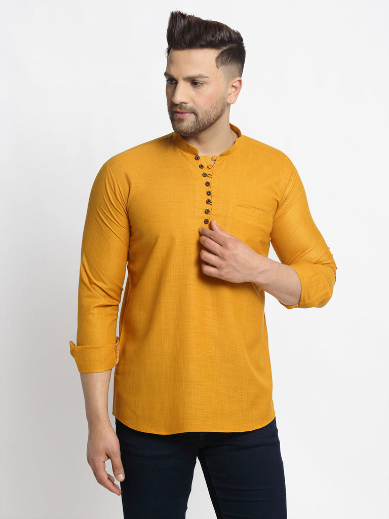 Men's Mustard Solid Cotton Short Kurta ( Ko 639 Mustard )