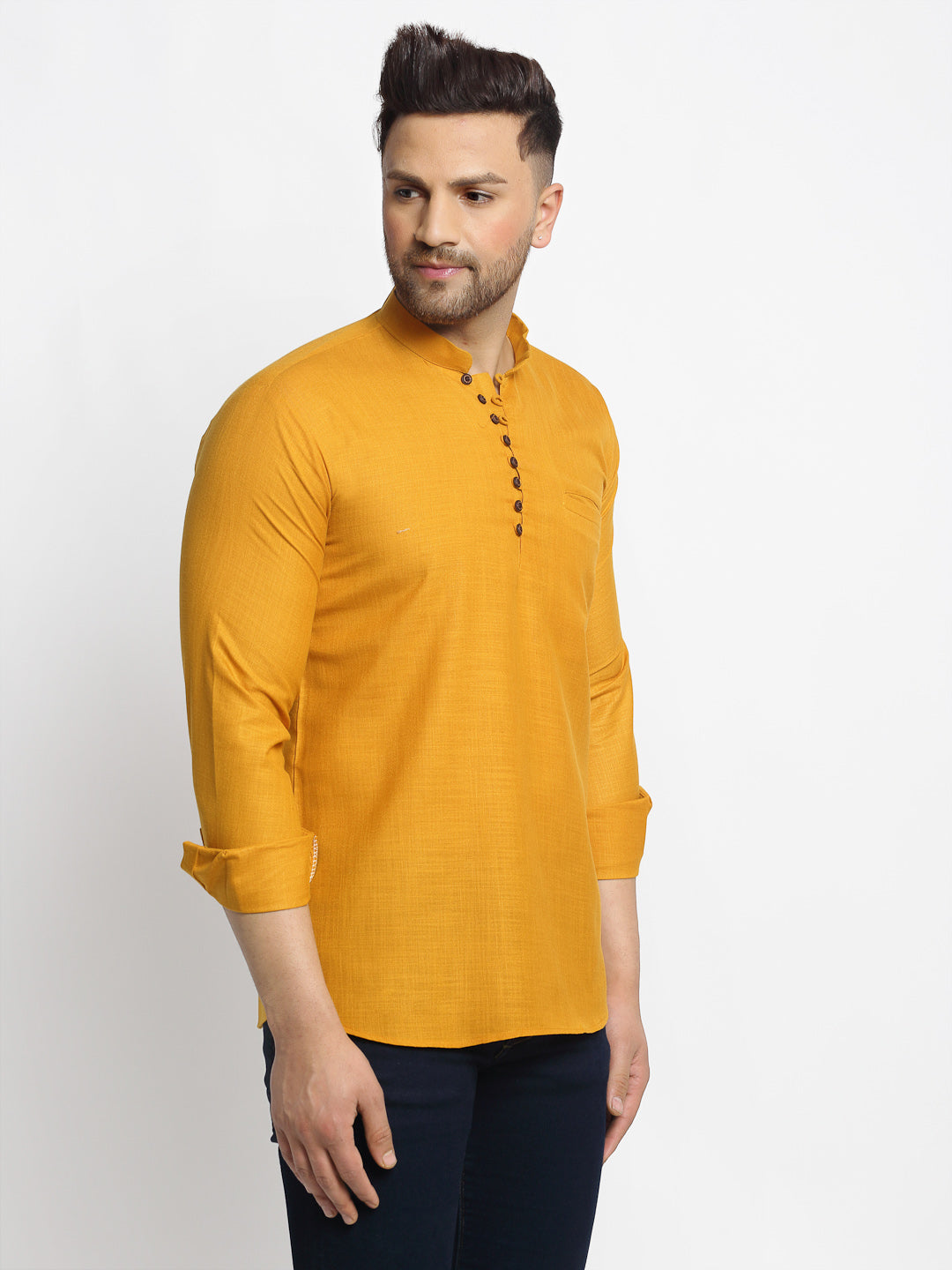 Men's Mustard Solid Cotton Short Kurta ( Ko 639 Mustard )