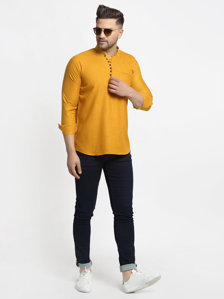 Men's Mustard Solid Cotton Short Kurta ( Ko 639 Mustard )