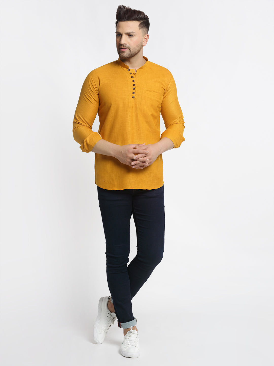 Men's Mustard Solid Cotton Short Kurta ( Ko 639 Mustard )