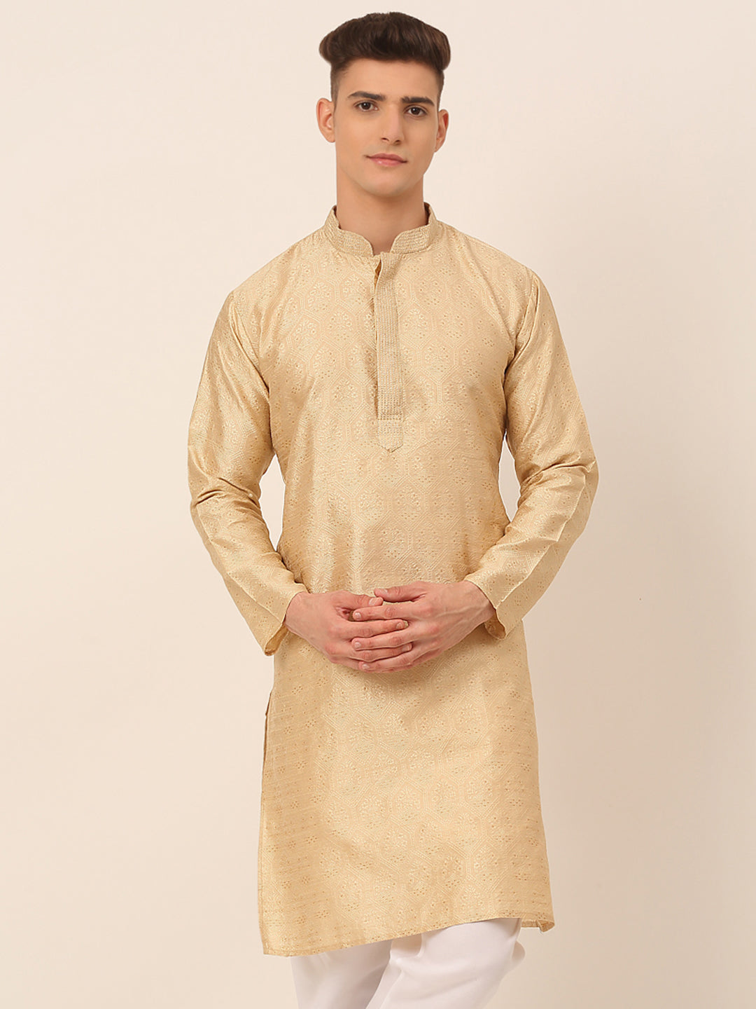 Men's Silk Blend Collar Embroidered Kurta Only ( Ko 662 Beige )
