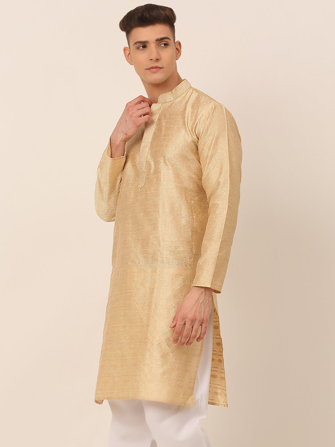 Men's Silk Blend Collar Embroidered Kurta Only ( Ko 662 Beige )