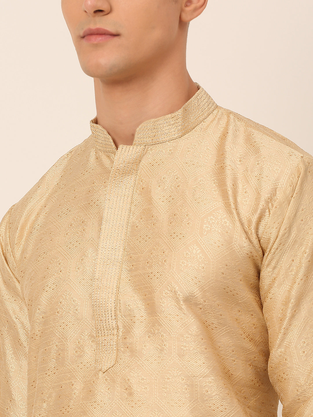 Men's Silk Blend Collar Embroidered Kurta Only ( Ko 662 Beige )