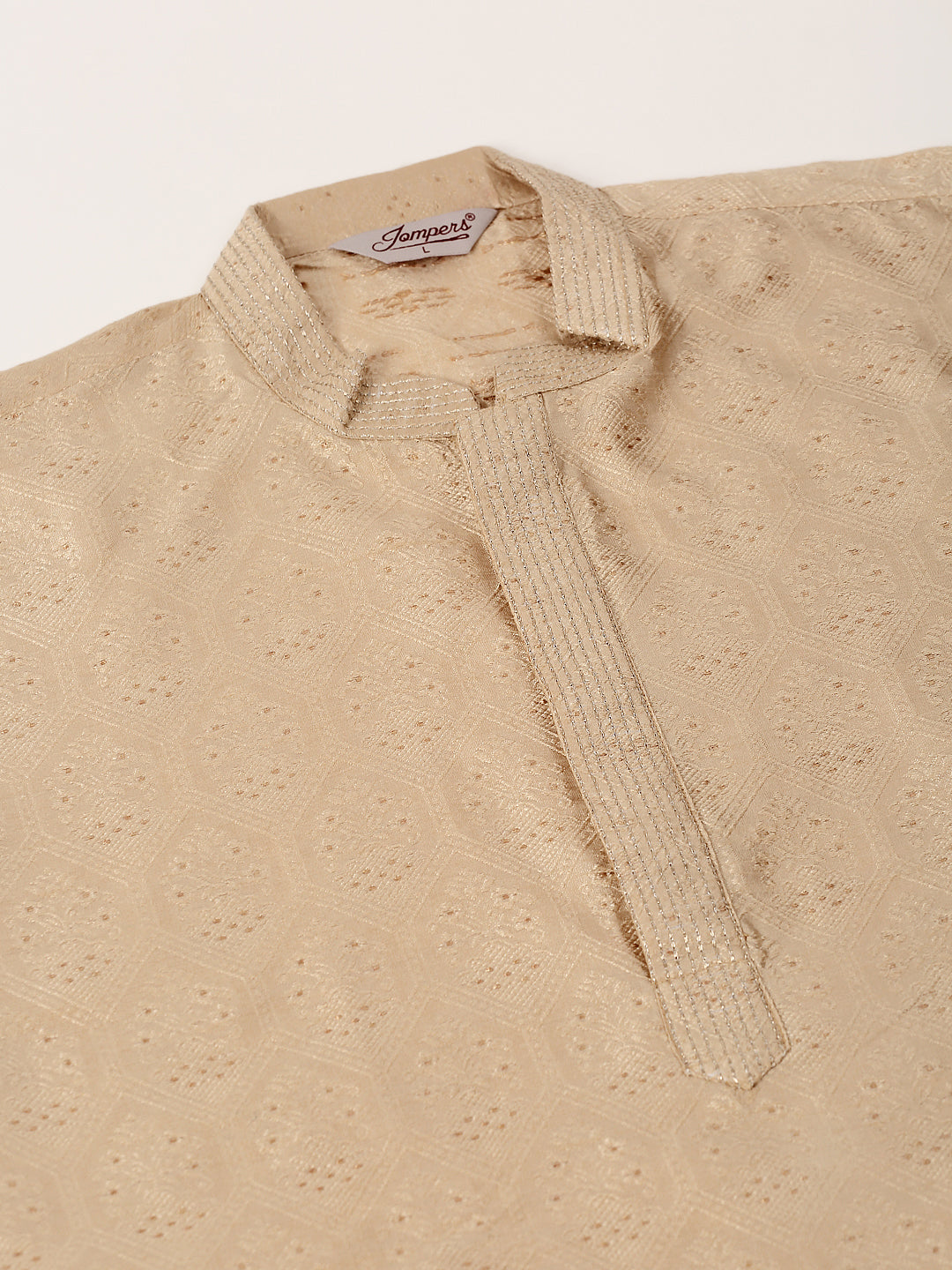 Men's Silk Blend Collar Embroidered Kurta Only ( Ko 662 Beige )