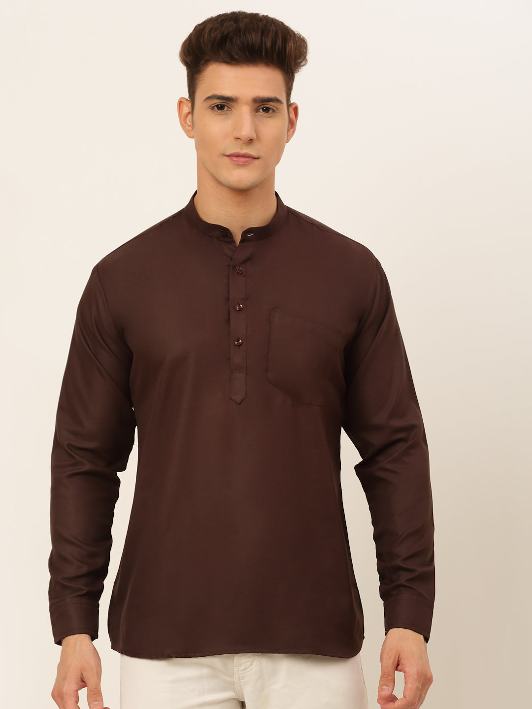 Men's Coffee Solid Cotton Short Kurta ( Ko 677 Coffee )