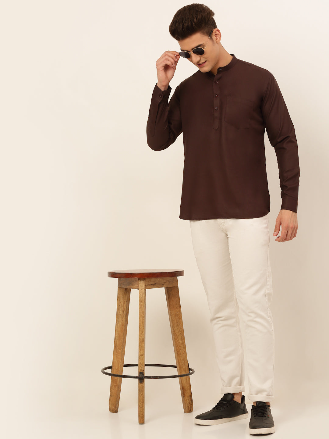Men's Coffee Solid Cotton Short Kurta ( Ko 677 Coffee )
