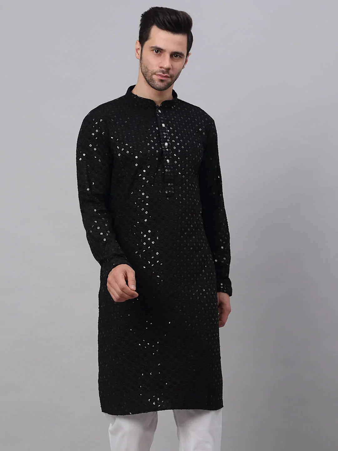 Men's Black Chikankari Embroidered and Sequence Kurta Only ( KO 678 Black )