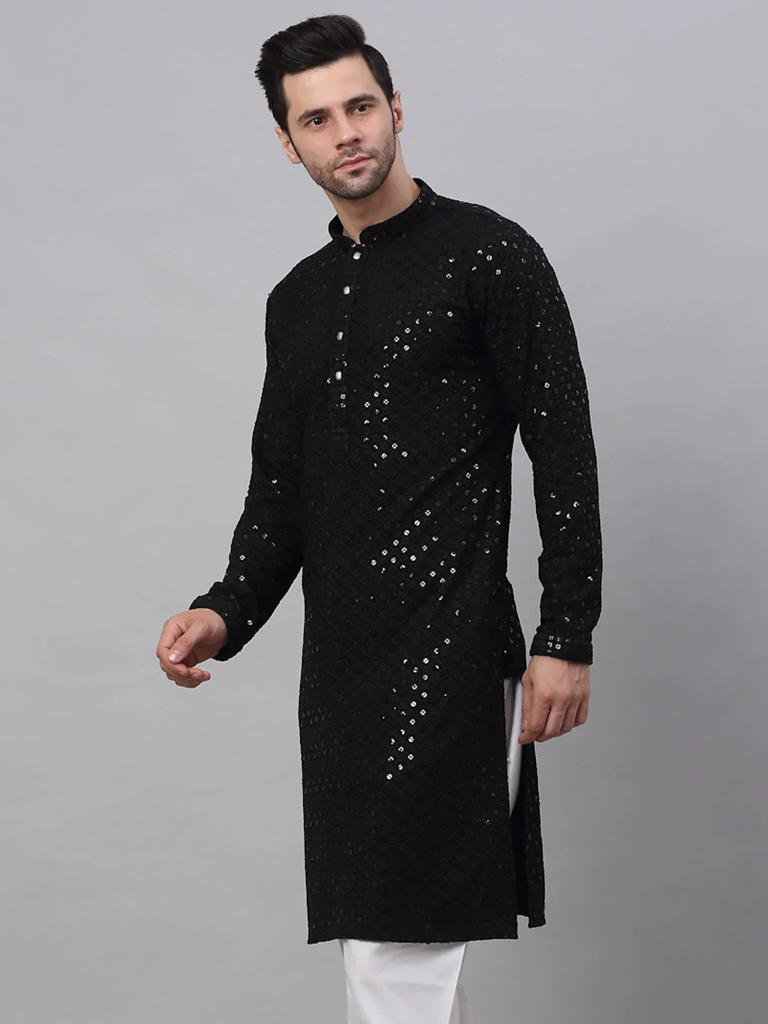 Men's Black Chikankari Embroidered and Sequence Kurta Only ( KO 678 Black )