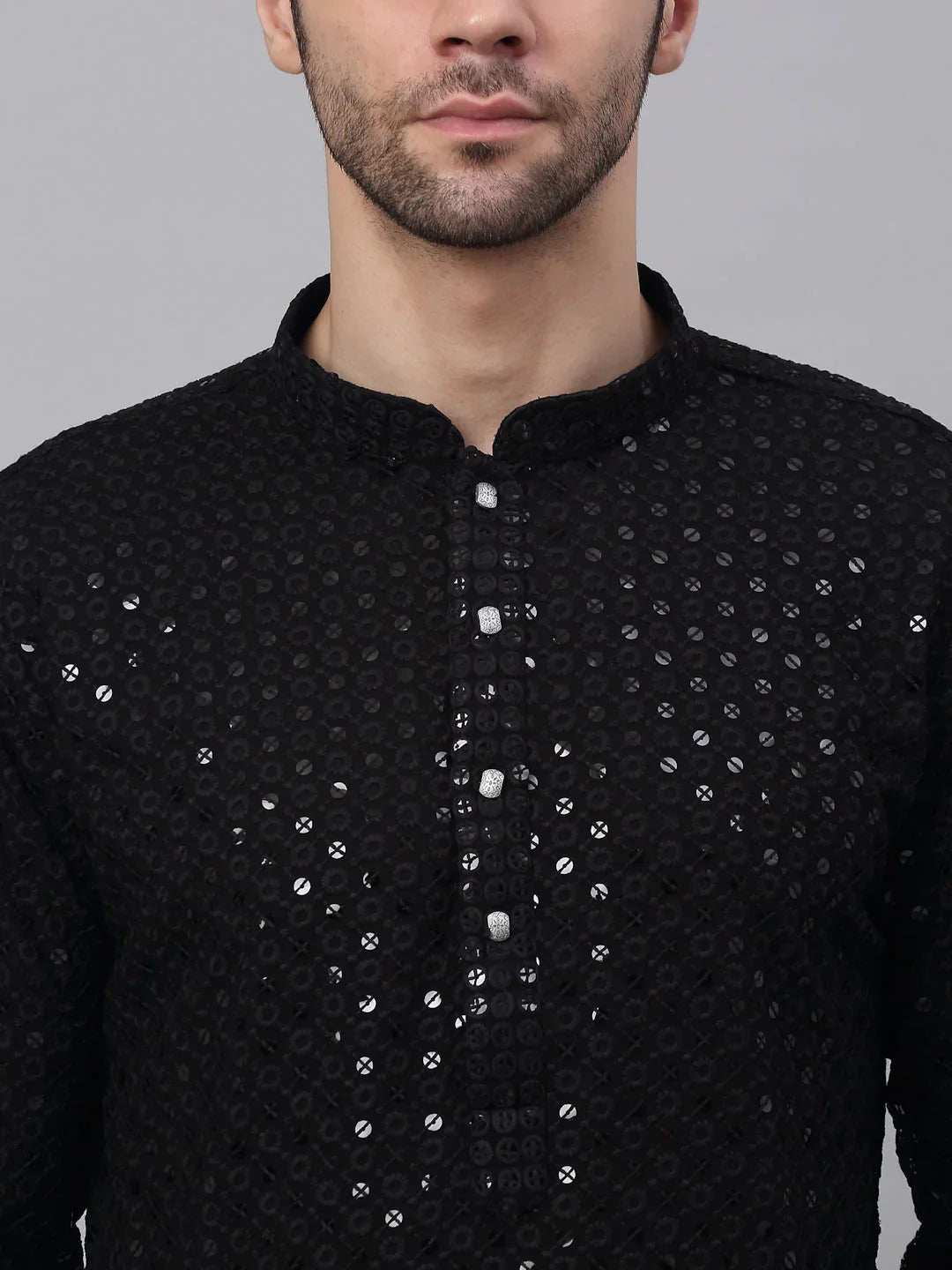 Men's Black Chikankari Embroidered and Sequence Kurta Only ( KO 678 Black )