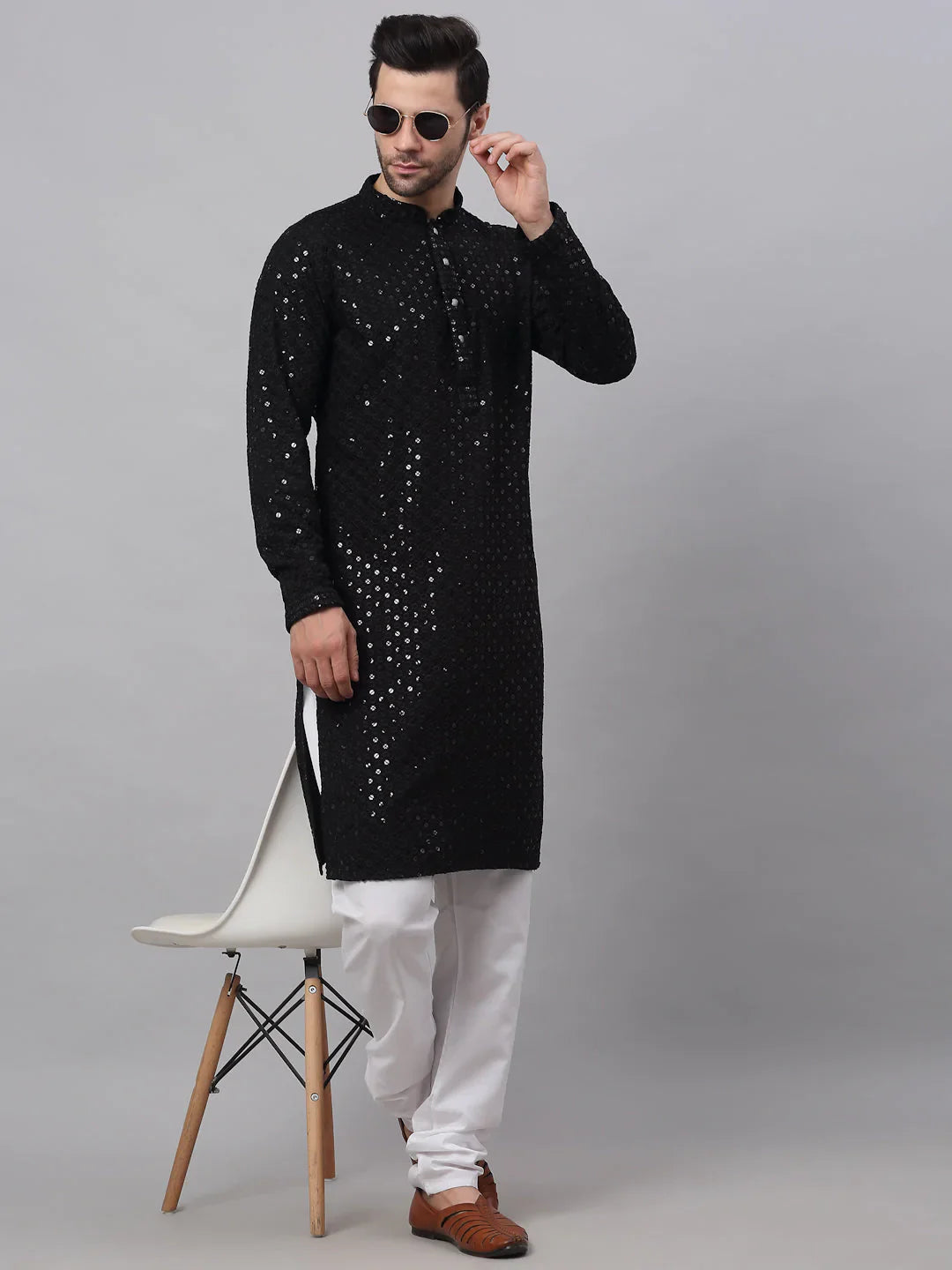 Men's Black Chikankari Embroidered and Sequence Kurta Only ( KO 678 Black )