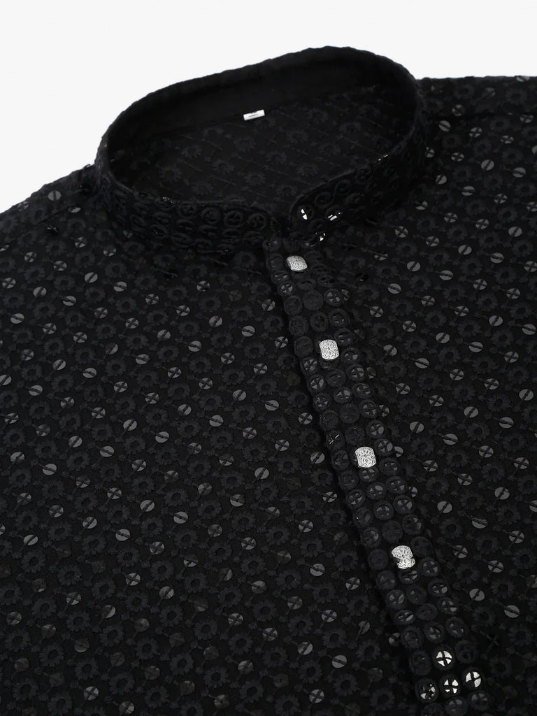 Men's Black Chikankari Embroidered and Sequence Kurta Only ( KO 678 Black )
