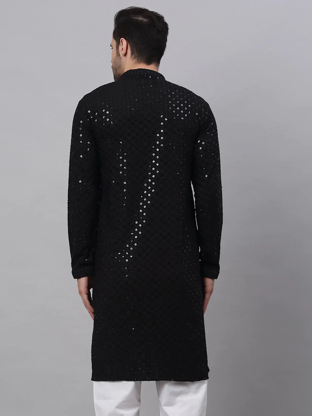 Men's Black Chikankari Embroidered and Sequence Kurta Only ( KO 678 Black )