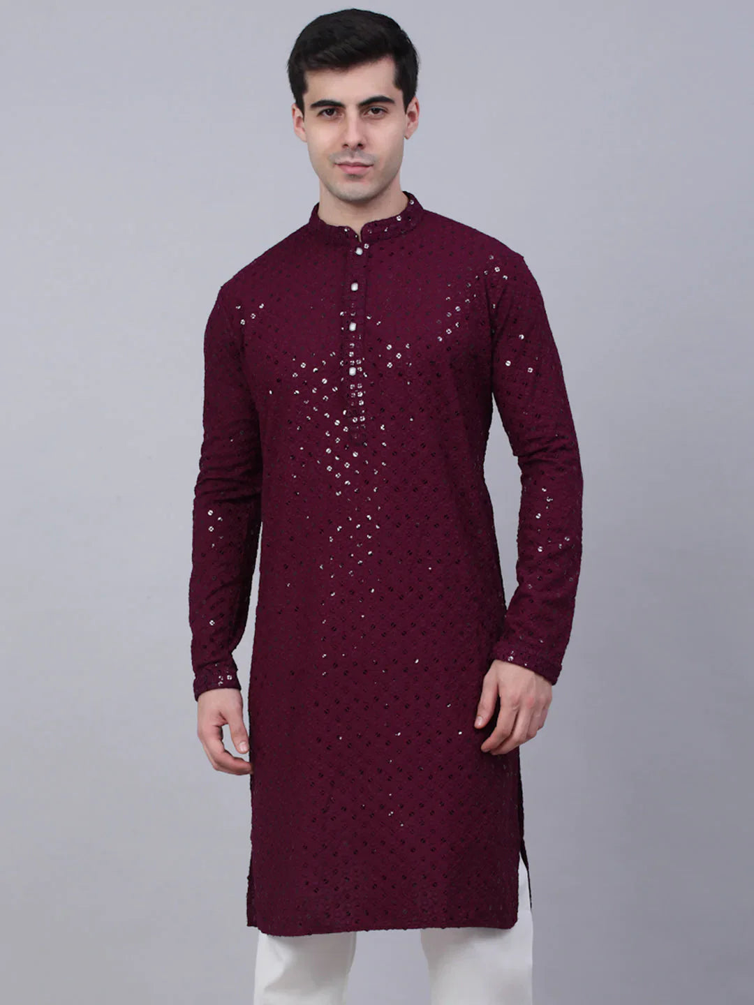 Men's Purple Chikankari Embroidered and Sequence Kurta Only ( KO 678 Purple ) - Virat Fashions USA