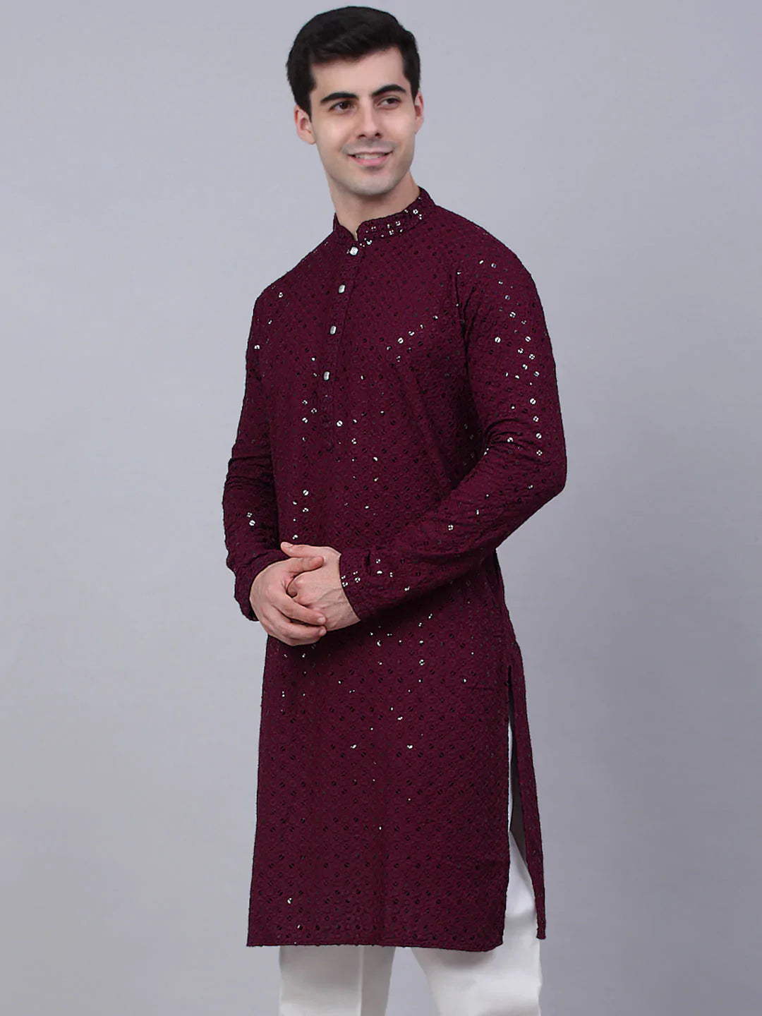 Men's Purple Chikankari Embroidered and Sequence Kurta Only ( KO 678 Purple ) - Virat Fashions USA