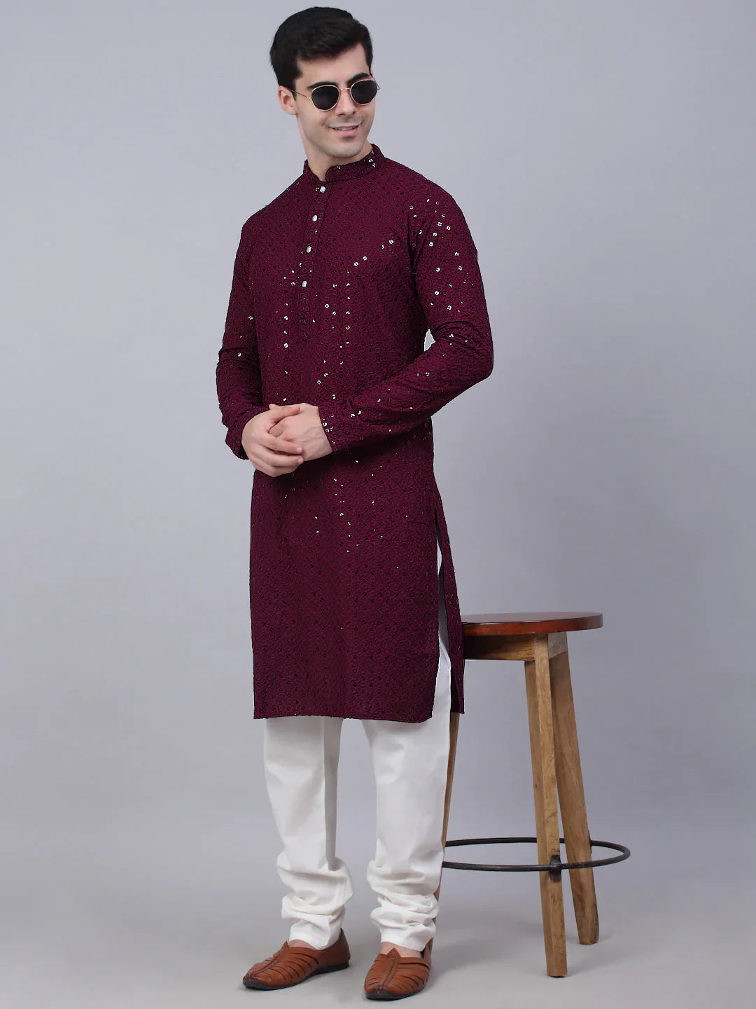 Men's Purple Chikankari Embroidered and Sequence Kurta Only ( KO 678 Purple ) - Virat Fashions USA