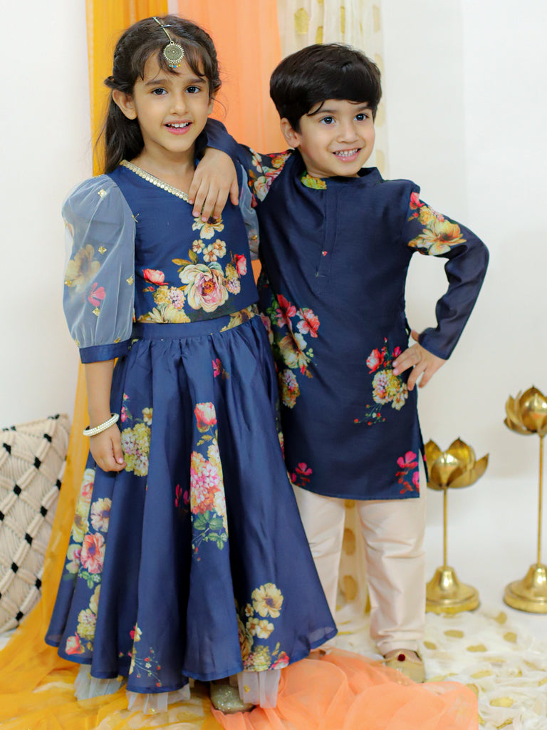 Girl's Floral Print Umbrella Ghaghra With Mesh Detailing With Hand Embroidered Puff Sleeves Choli-Navy Blue
