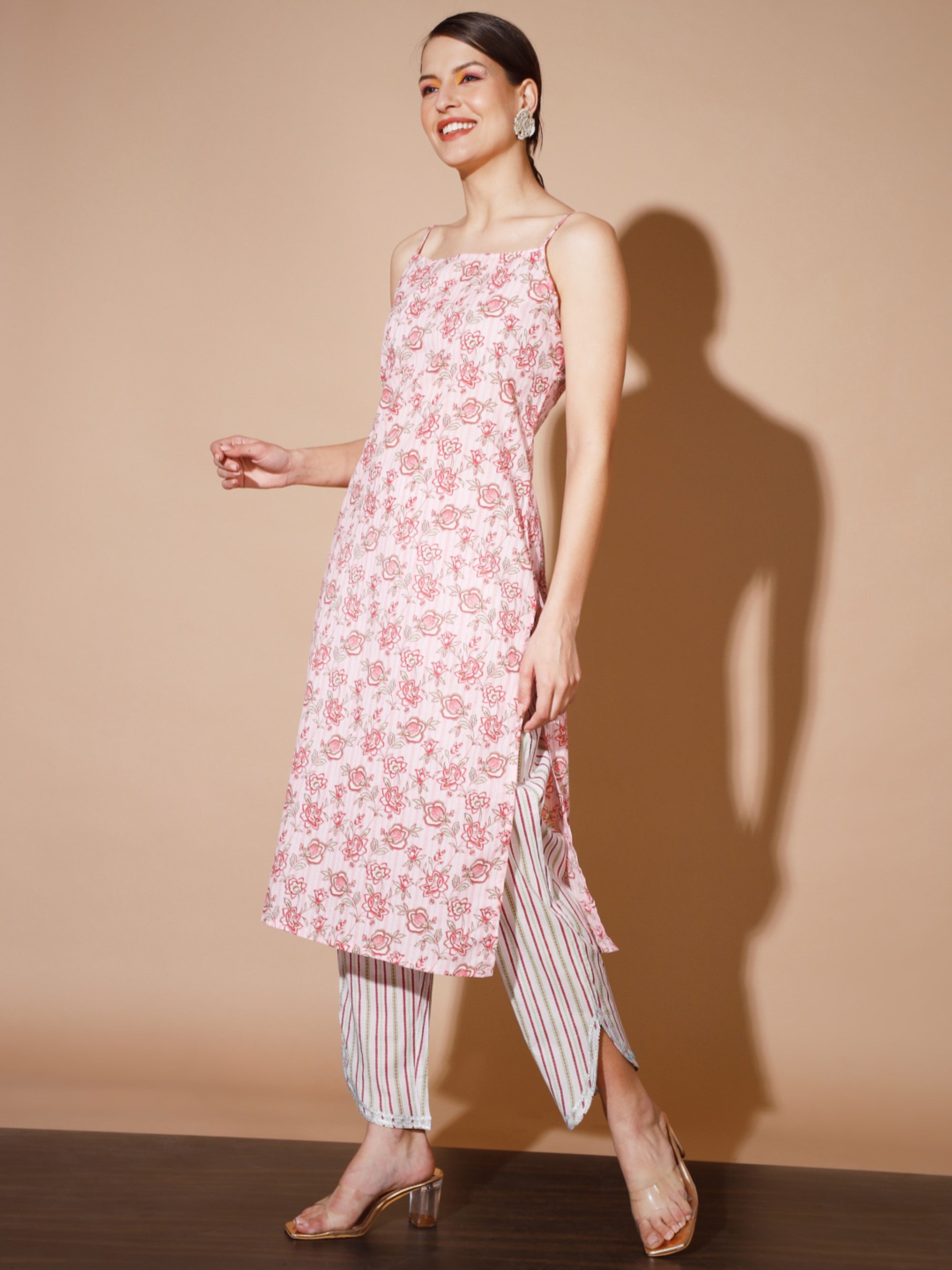 Women's Pink Printed Kurta & Trousers - Myshka