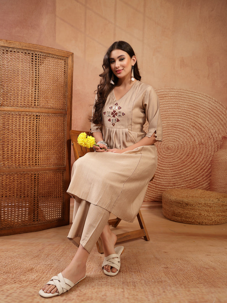 Women's Beige Solid & Embroidered Cotton A-Line Kurta Pant Set