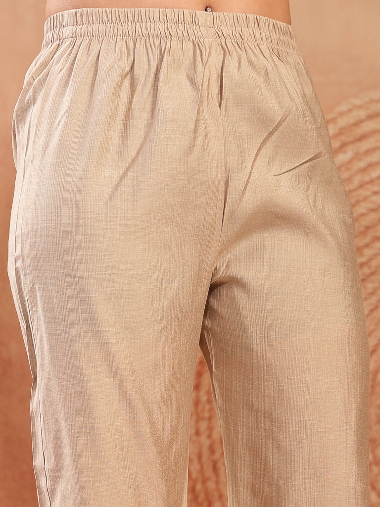 Women's Beige Solid & Embroidered Cotton A-Line Kurta Pant Set
