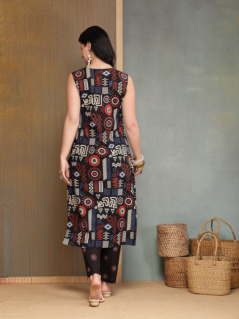 Women's Black Geometric Printed Cotton Straight Kurta Pant Set